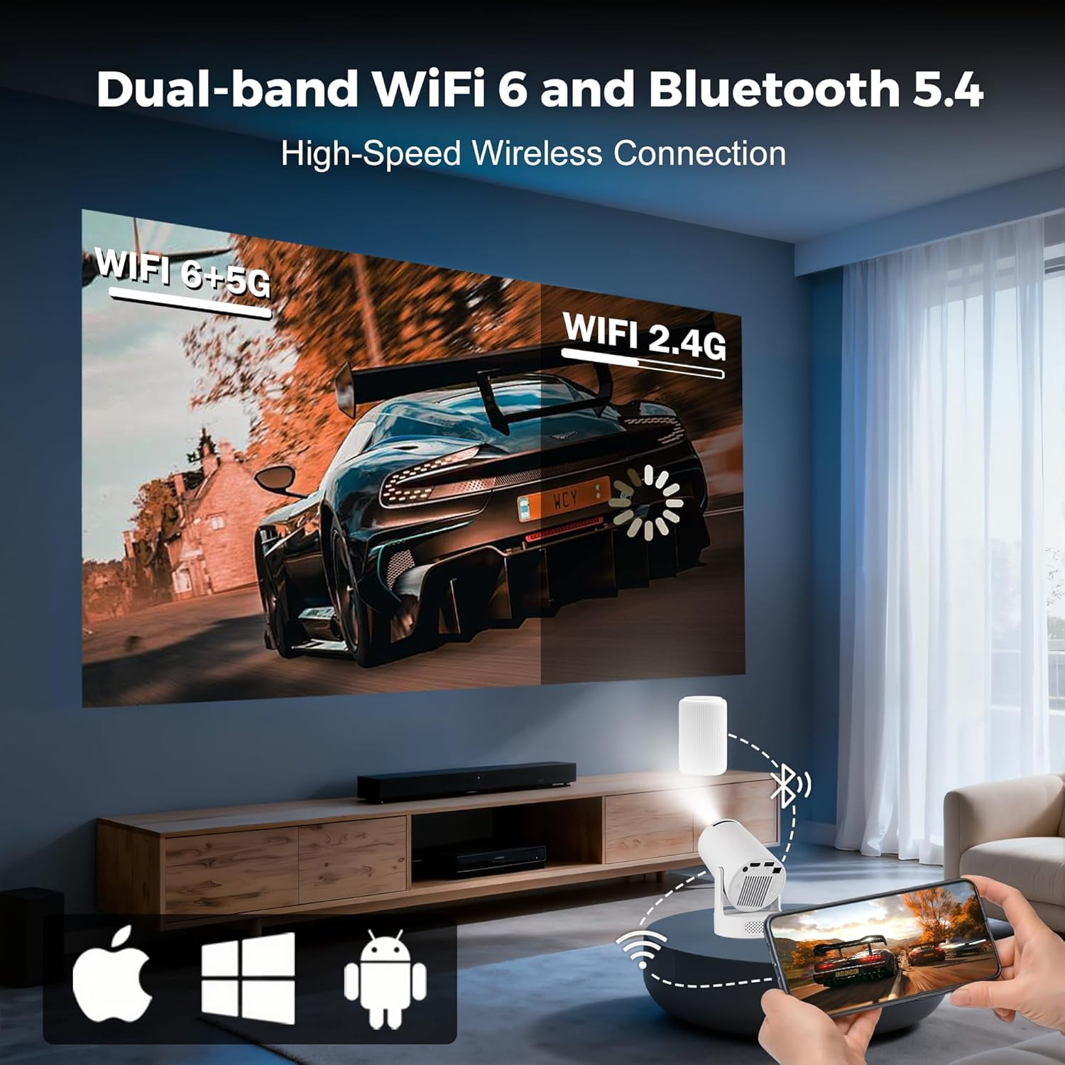 Projector with Wifi , 4K Portable Projector 200 ANSI Lumens Auto  180 Rotatable 5W Speaker for Outdoor Bedroom