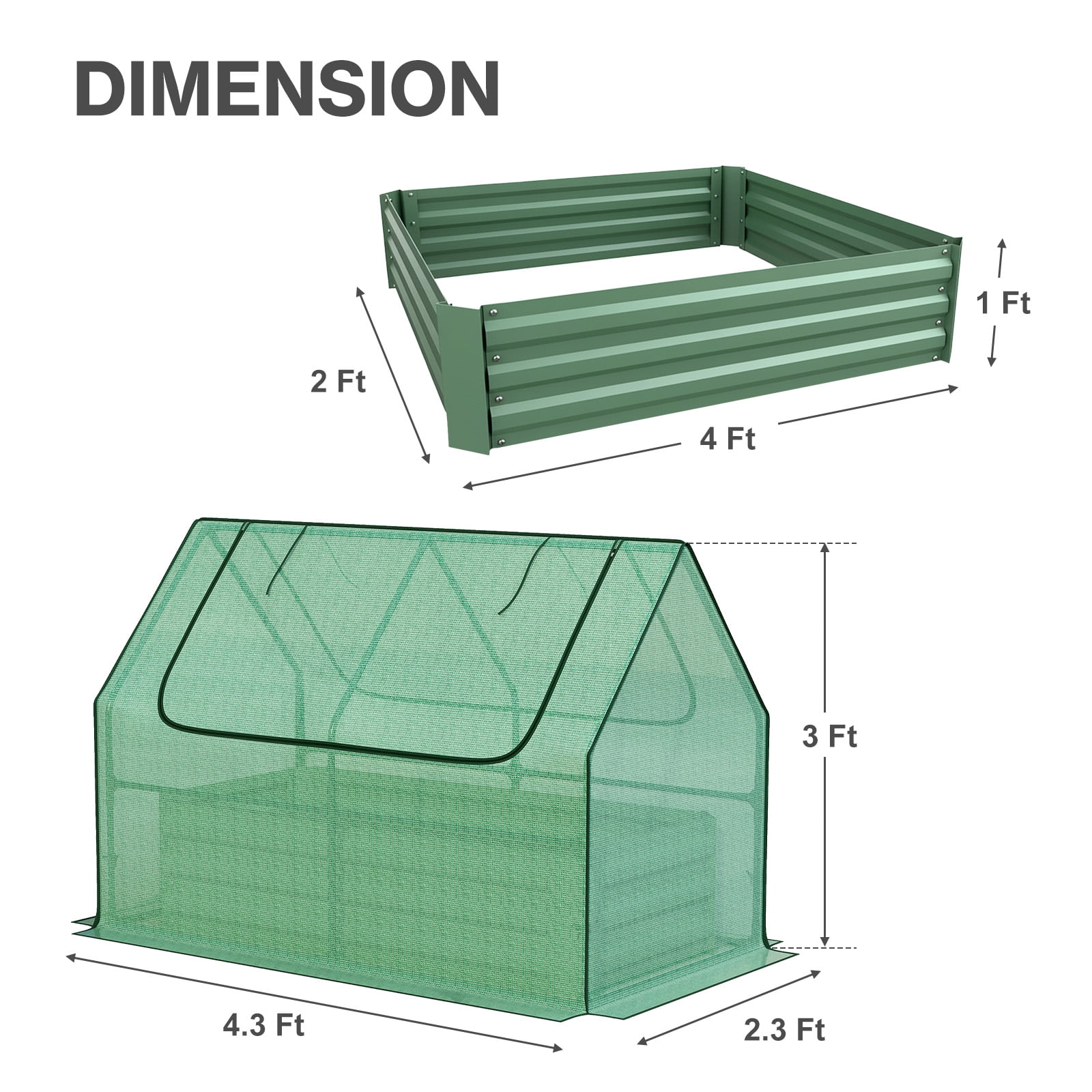 Aoodor Raised Garden Bed Kit, 4x2x3 ft Galvanized Planter Box with PE Cover, Screen Windows for Gardening, Green