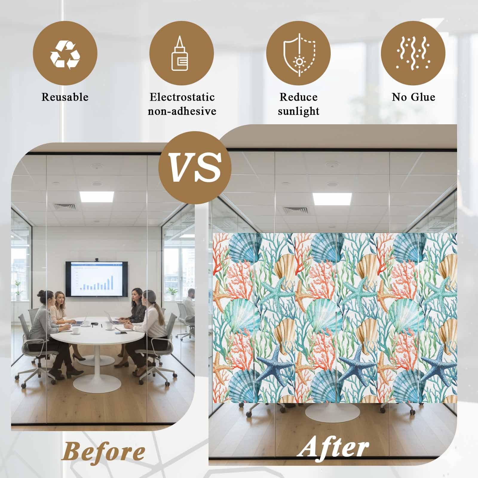 Shell Starfish Window Privacy Film, Summer Green Orange Seaweed Nautical Frosted Glass Window Clings Static Cling UV Heat Blocking Reusable Door Sticker for Bathroom 29.5 x 118 Inch