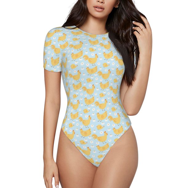 Balery Roosters Body de cuello redondo de manga corta para mujer Tops de manga corta Tops básicos-Large