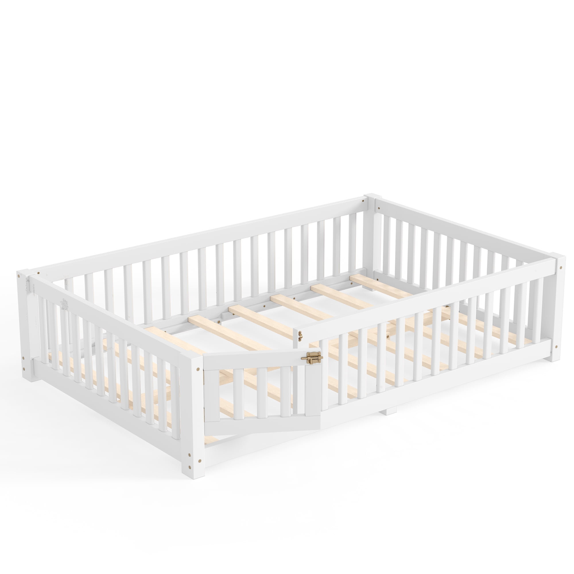 Full Size Bed Floor Bed with Safety Guardrails and Door for Kids, White