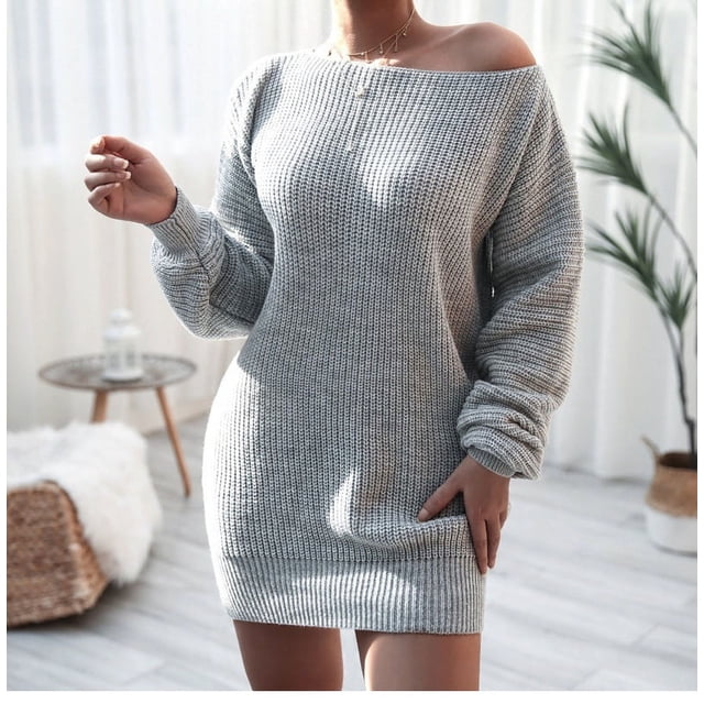 Ropa de mujer Vestido de otoño e invierno Vestido estilo suéter de punto con mangas abullonadas y hombros descubiertos estilo europeo y americano