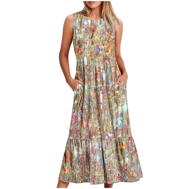 Fankiway Robe Longue Ample Sans Manches à Poches Col Rond Imprimé Robes d'Été pour Femmes Liquidation Robes pour Femmes Grande Taille Liquidation