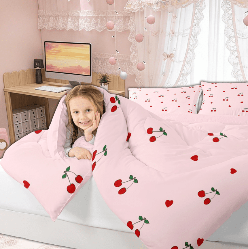 Manfei Girly Pink Cherry Bedding Comforter Set for Kids Girls, Kawaii Cute Cartoon Twin Comforter Sets,Pink Reversible, 2-Piece
