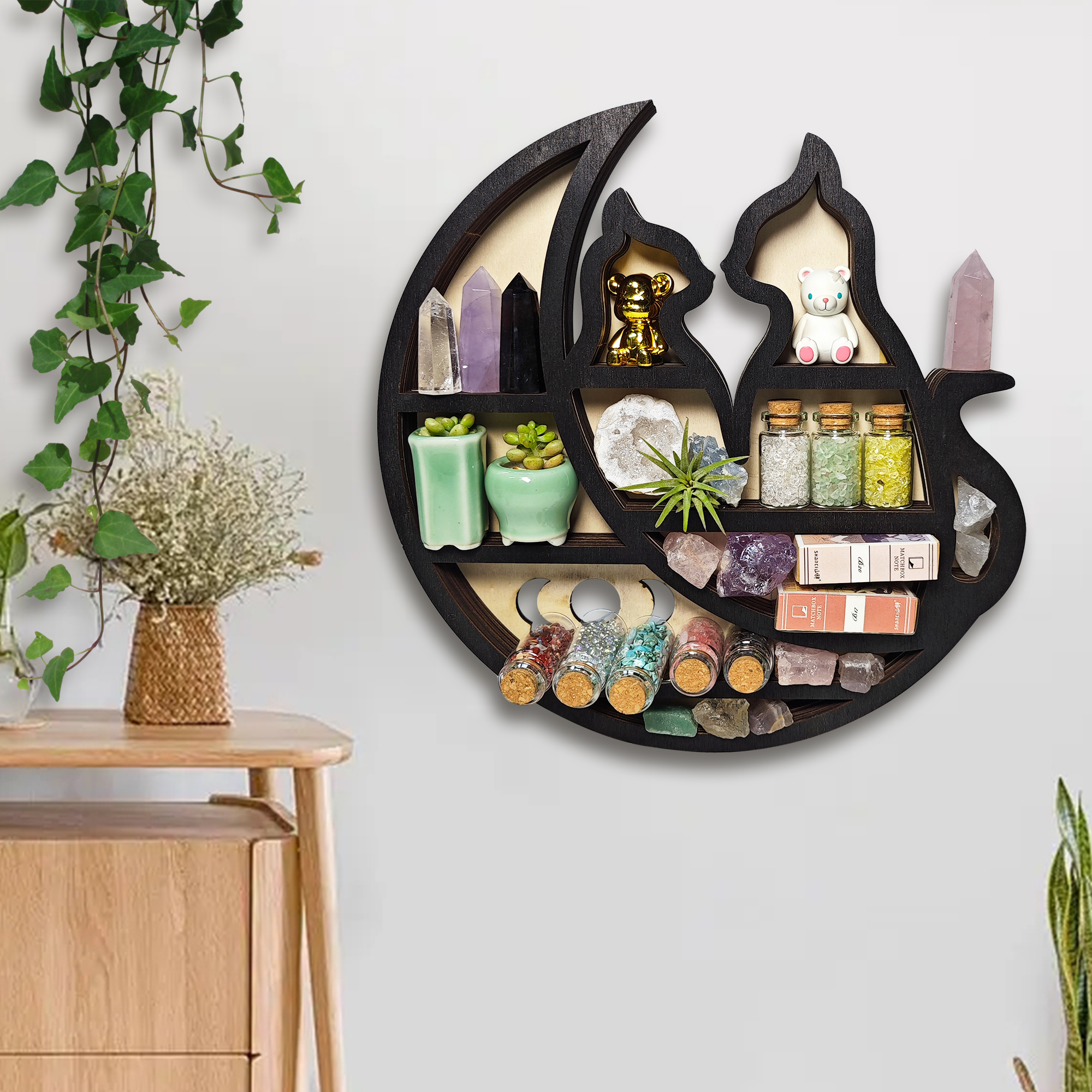 FNYDOX Wall Shelf, Cats on the Moon Crystal Display Shelf, Cute Knick Knack Shelf Wooden Gothic Floating Shelf Stone Storage Holder Organizer Aesthetic Home Wall Decor Gifts