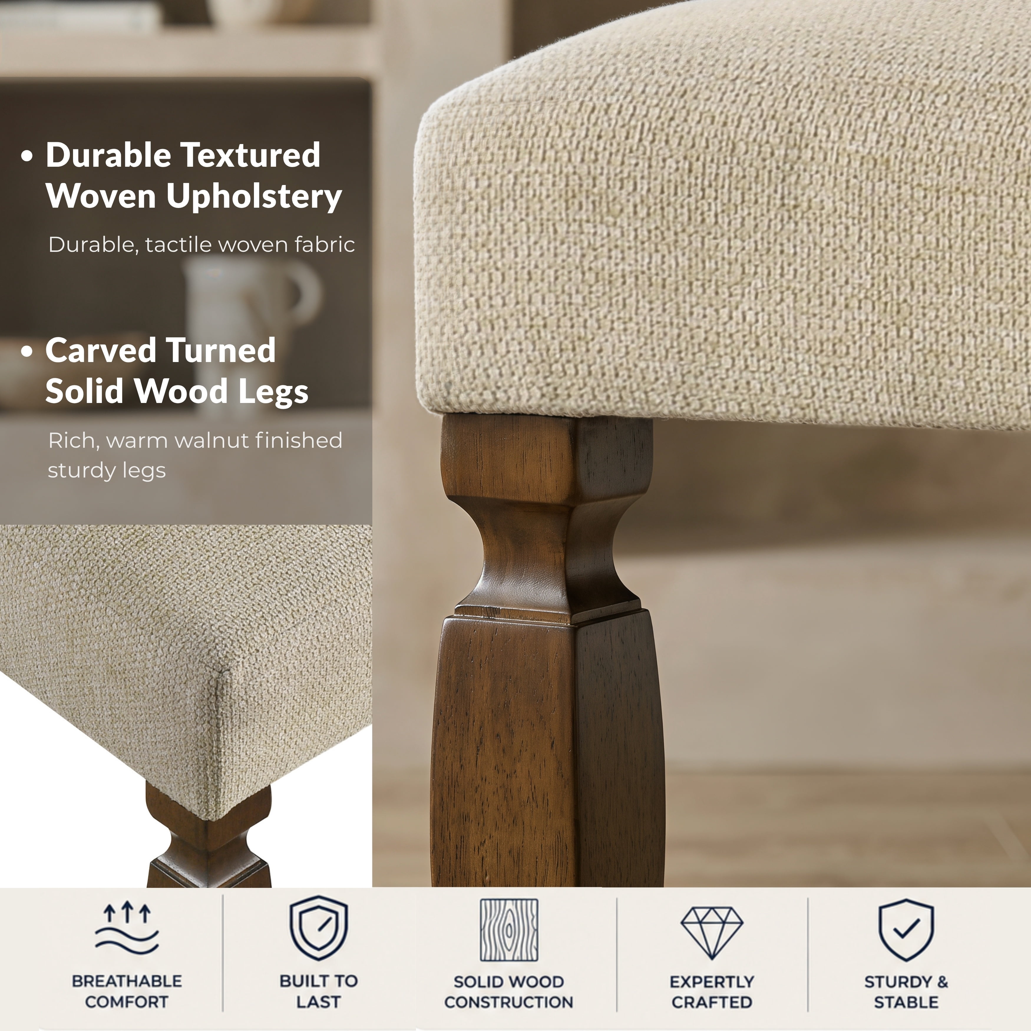 Roundhill Furniture Rowan Upholstered Turned Leg Wood Dining Chair, Set of 2, Beige