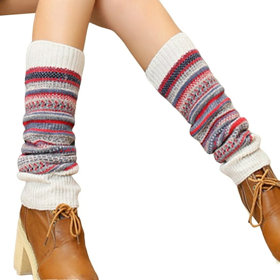 Mightlink 1 Pair Ethnic Style Striped Print Ribbed Cuffs Knee High Knitted Leg Warmers Autumn Winter Women Warm Boot Stockings