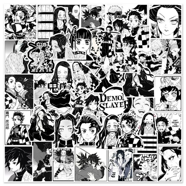 Pegatinas en blanco y negro, Demons Slayers Anime, 50 unidades, PVC