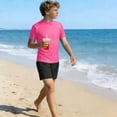 thumbnail image 5 of Boys Solid Short Sleeve Two Piece Swim Set, Crew Neck Rash Guard Top & Swim Trunks for 3-14 Years Old Kids Beach Surf Bathing Suit Hot Pink 5-6 Years, 5 of 9