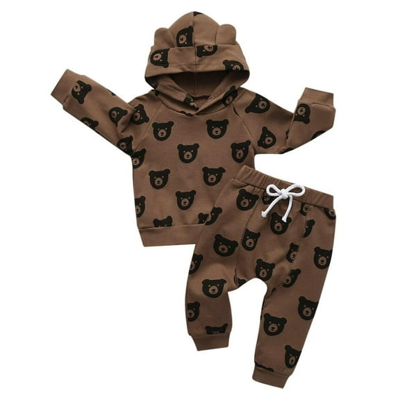 Newborn Infant Baby boy Clothes Long Sleeve Bear Style Hooded Tops Long Pants Outfits Set Brown 3-6 Months