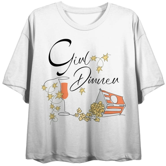 Girl Dinner Popcorn & Wine Glass Crew Neck Short Sleeve Women's White Crop Top-Medium
