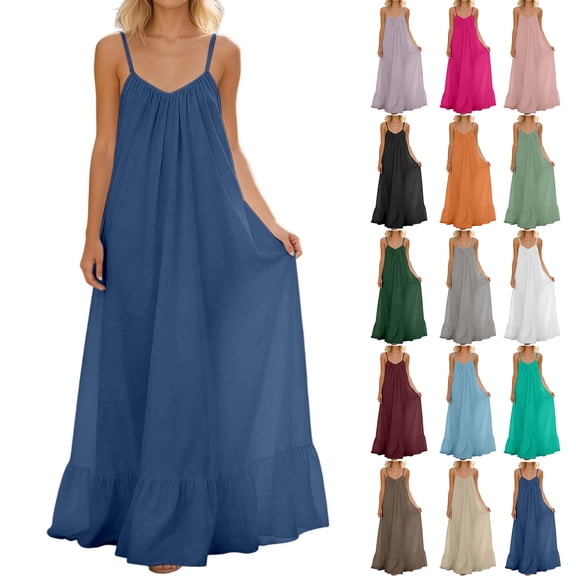 Xuniizn Womens Summer Maxi Dresses Ruffle Hem Backless Sleeveless V Neck Pleated Fashion Long Hawaiian Boho Dress, S-2XL
