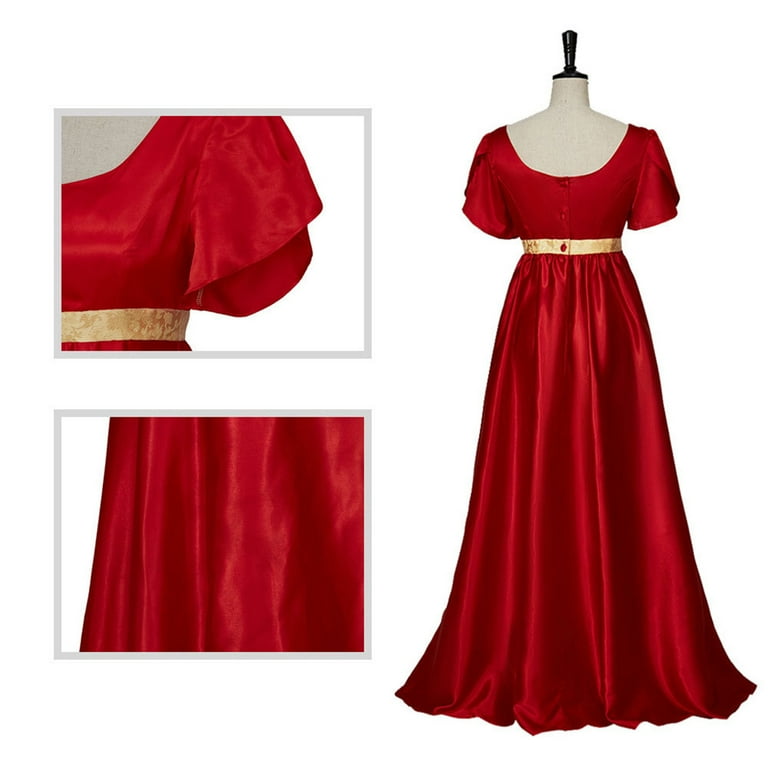 Qatainlav Satin Regency Dresses for Women Empire Waist Puff Sleeve Medieval Victorian Dress Vintage Flowy Halloween Maxi Long Dress, Red, XXL, Women's