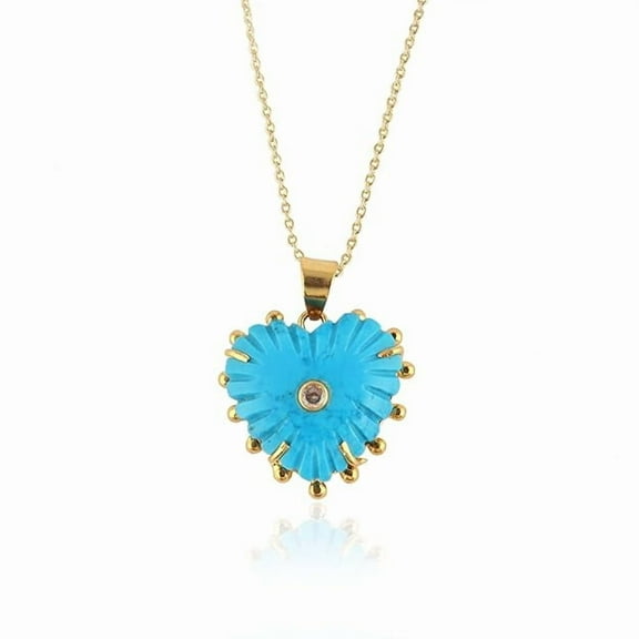 Genuine Carved Heart Pendant Necklace – Turquoise, 18k Gold Filled Cable Chain, CZ Accent, Handmade Gemstone Jewelry for Women, Adjustable