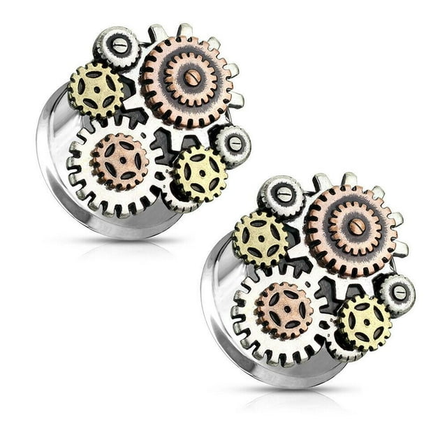 Tunnels d'Oreilles à Double Design Évasé avec Acier Chirurgical à 3 Tons à Engrenages Steampunk