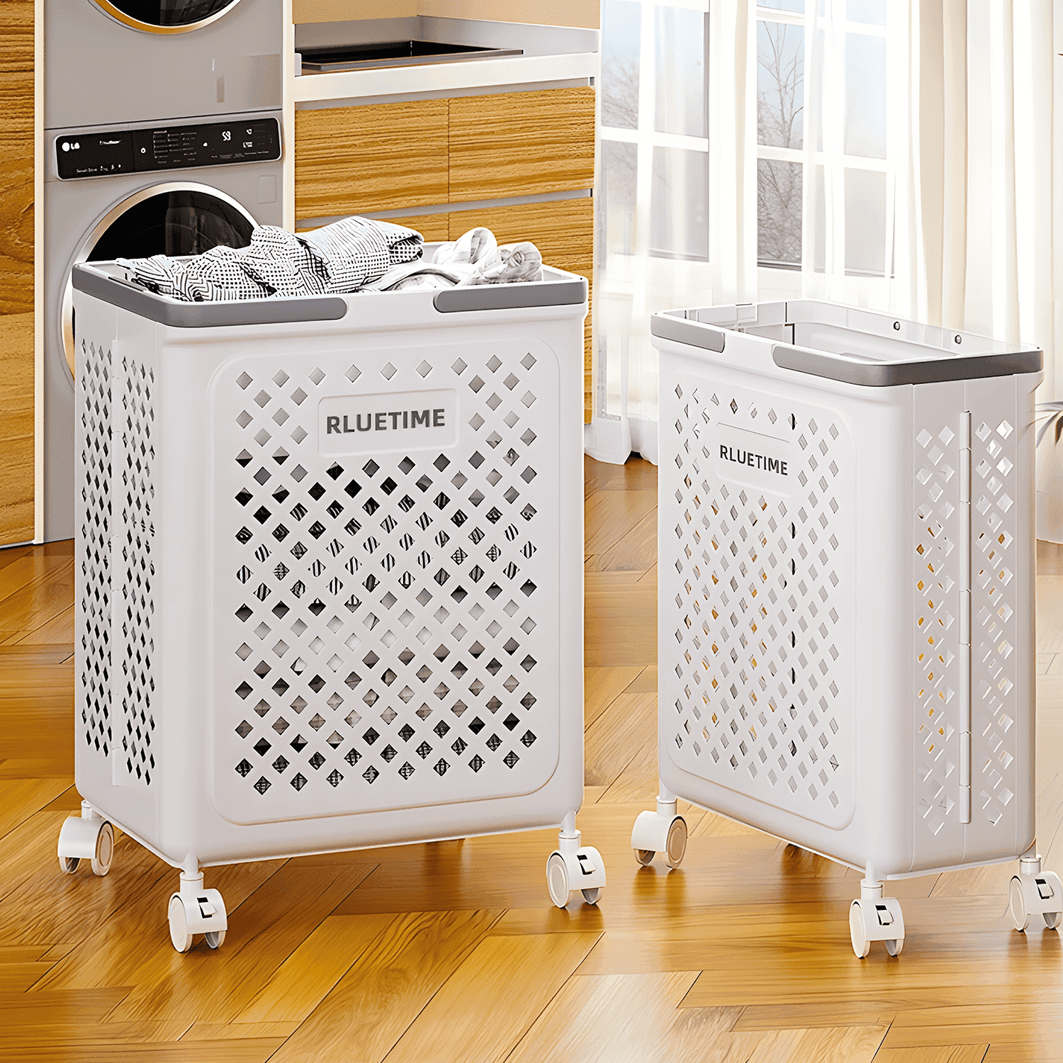 RLUETIME Collapsible Laundry Basket,Large Clothes Hamper with Wheels, Rolling Laundry Cart for Laundry Room Organization