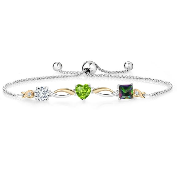 Gem Stone King 925 Silver and 10K Yellow Gold Green Peridot Green Mystic Topaz and Lab Grown Diamond Tennis Bracelet for Women By Keren Hanan (2.07 cttw, Adjustable up To 9 inch)