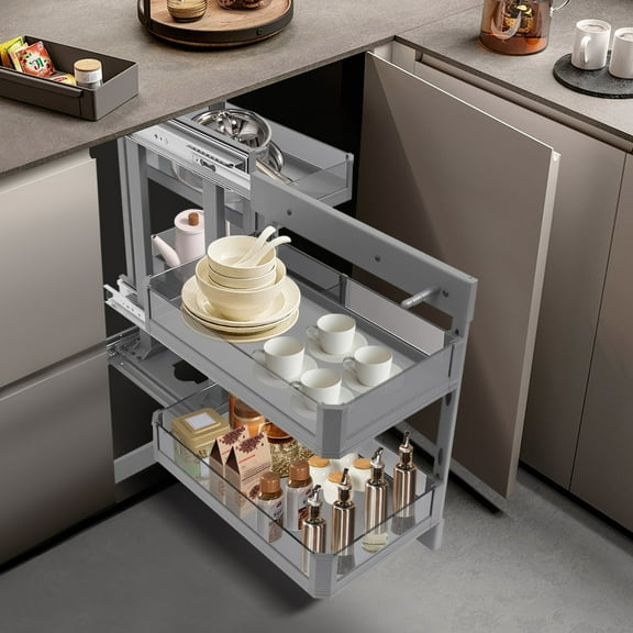 2-Tier Cabinet Mounted Blind Corner Cabinet Organizer Dark Grey Blind Corner Cabinet Pull-out Organizer