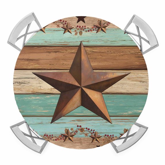 Elastic Fitted Round Tablecloth, Western Texas Star Vintage Waterproof Stretch Table Cover for 36"-44" Tables, Retro Farmhouse Brown Green Wood Grain Washable Outdoor Tablecloths for Patio, Picnic