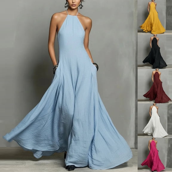 Women's Halter Neck Sleeveless Maxi Dress Backless Side Pockets Solid Color Casual Loose Fit Dress Yellow
