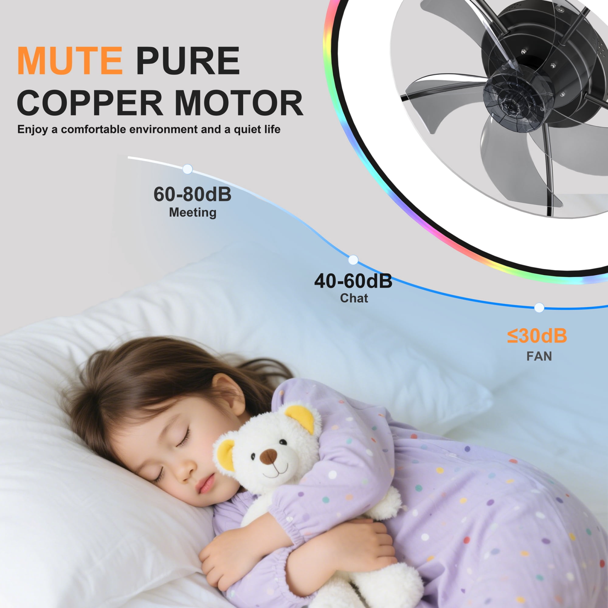 Leumius 23.6" Modern RGB Ceiling Fan with Lights, Flush Mount Low Profile Fan with Remote & APP, 6-Speed Reversible Silent DC Motor, Dimmable 3000-6500K LED for Bedroom Living Room Black