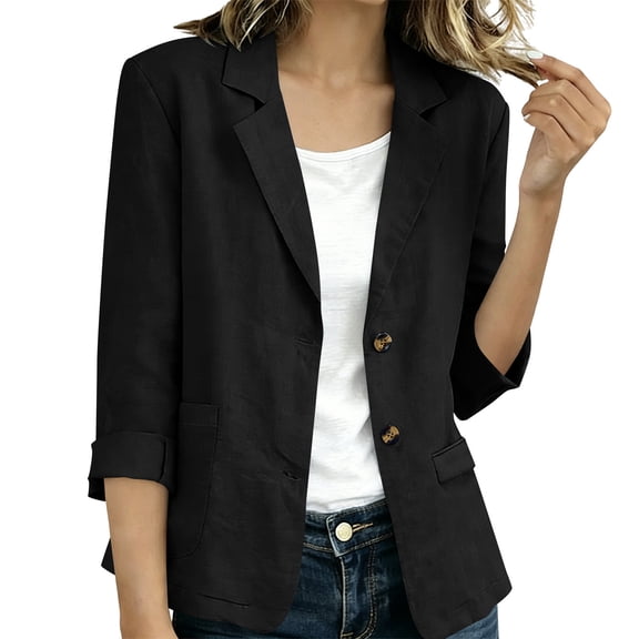 Sahpxhe Womens Cotton Linen Blazer Cuffed 3/4 Sleeve Notch Lapel Two Button Casual Soft Breathable Suit Jacket for Work Office Black XL
