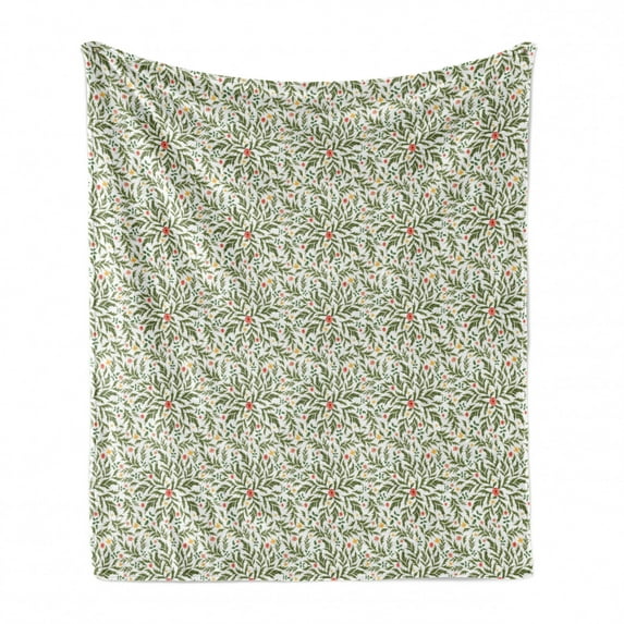 Floral Soft Flannel Fleece Throw Blanket, Watercolor Style Burgeoning Spring Flowers and Leaves, Cozy Plush for Indoor and Outdoor Use, 50" x 60", Olive Green Multicolor, by Ambesonne