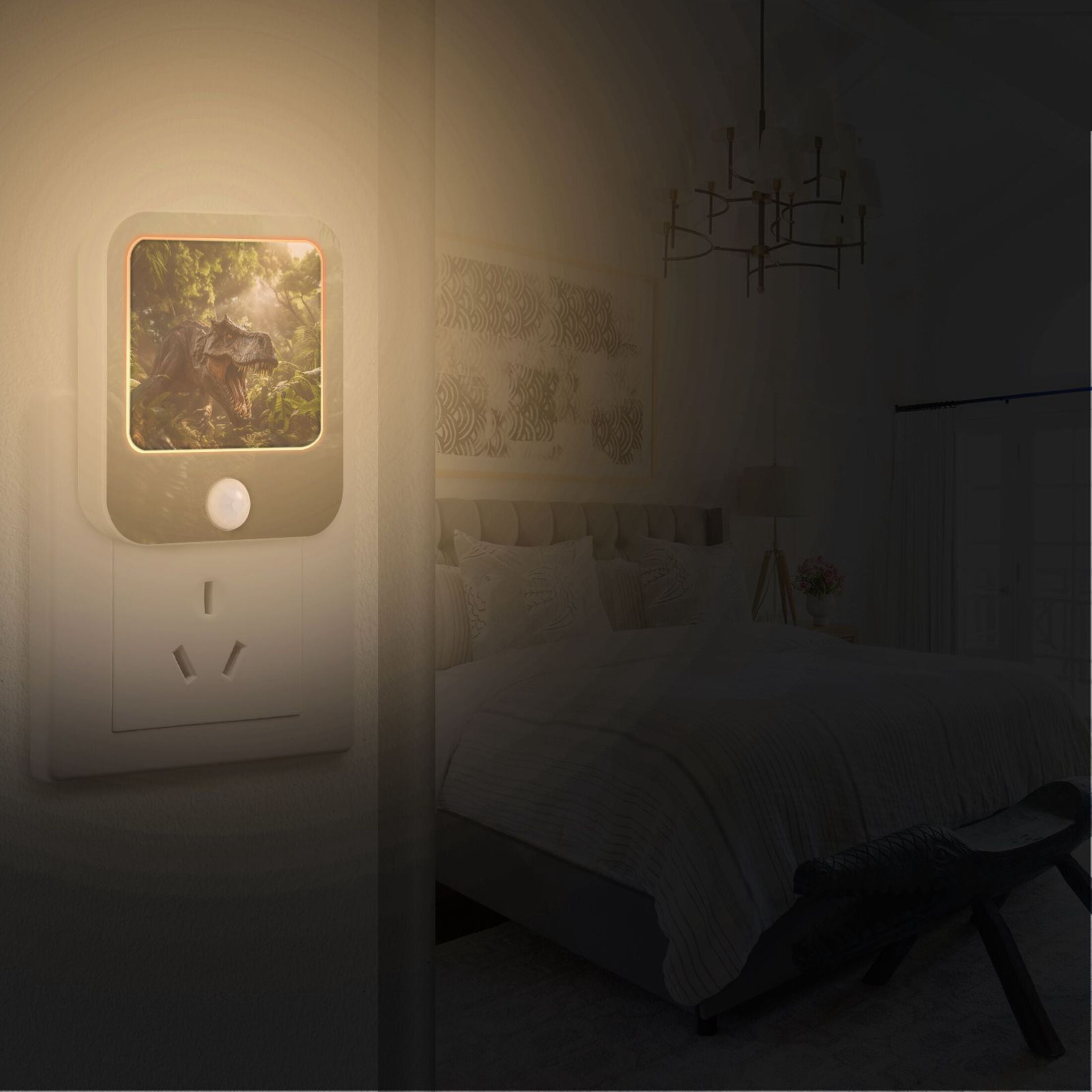 Dinosaur Leaves Trees Sunlight Night Lights Plug into Wall LED with Auto Light Sensor Warm Light for Kids Hallway Bedroom Living Room Kitchen Bathroom Set of 2