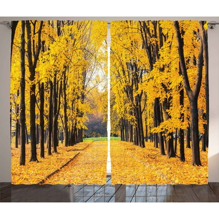 Fall Kitchen Curtains Nature Decor Curtains 2 Panels Set, Autumn Fall Trees Falls Dried Leaves Scenery on Road Path Photo Artwork , Window Drapes for Living Room Bedroom, 108W X 84L Inches, Yellow and Green, by Ambesonne ()