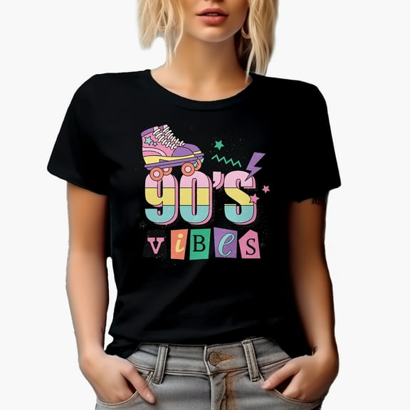 Distressed 90s Vibes, Retro Roller Skaters Art Merch Gift, Black T-Shirt, Small