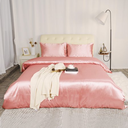 Silk Satin 3 Piece Bedding Duvet Cover And Pillow Sham Set Pink