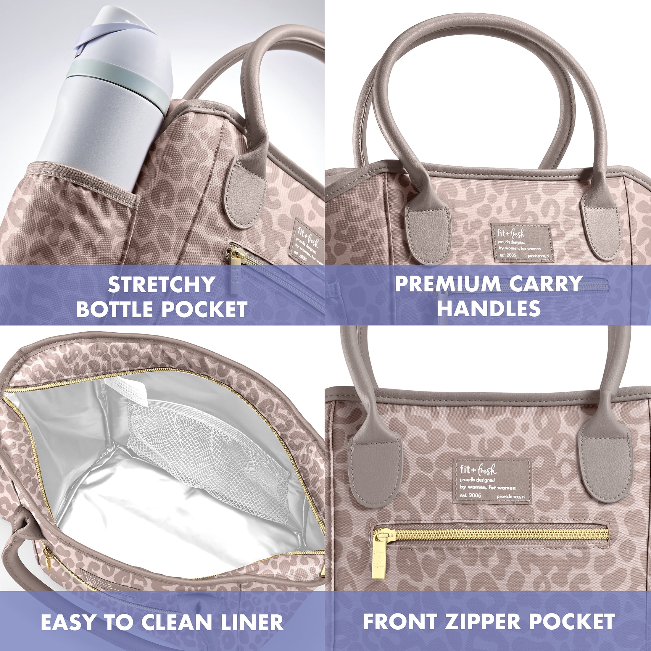 Fit & Fresh Beechwood Lunch Bag for Women, includes XL Slim Ice Pack, Light Brown Leopard Print