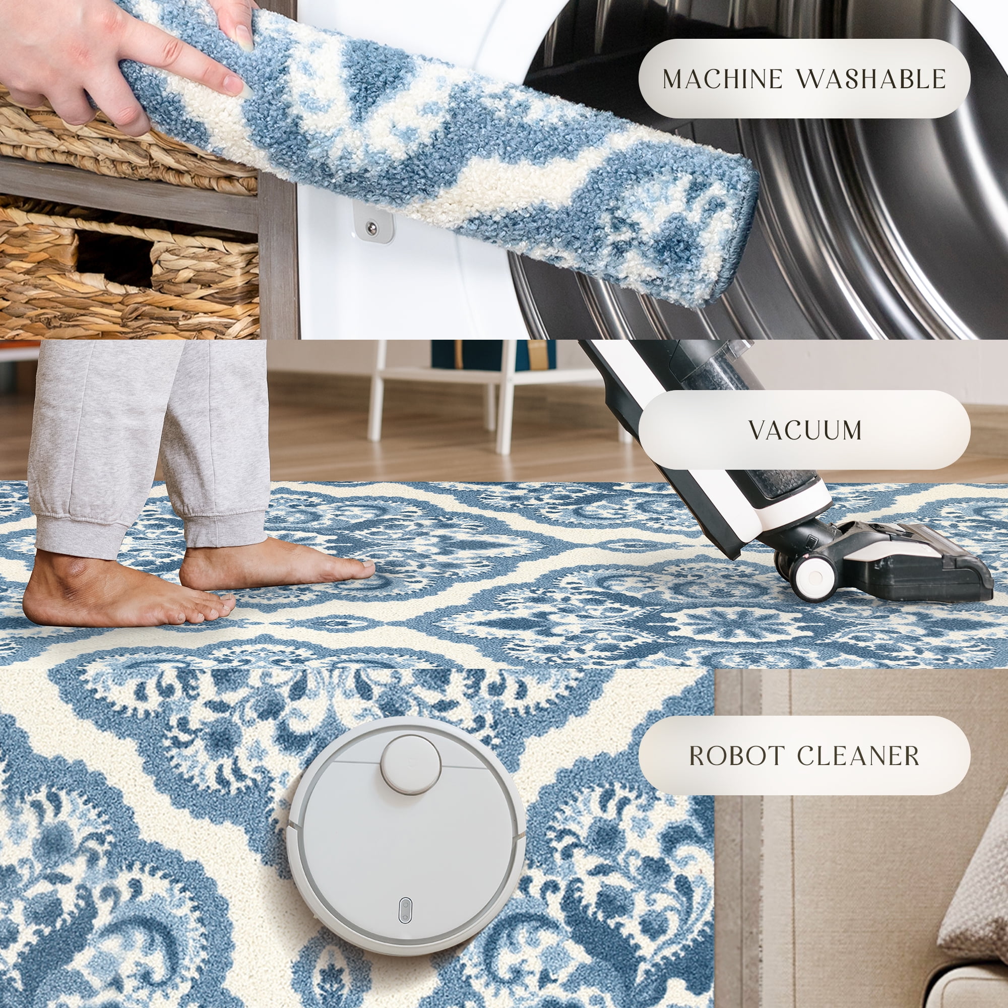 Maples Rugs Vivian Transitional Medallion Blue White Non Slip Indoor Area Rug, 3'4 x 5'