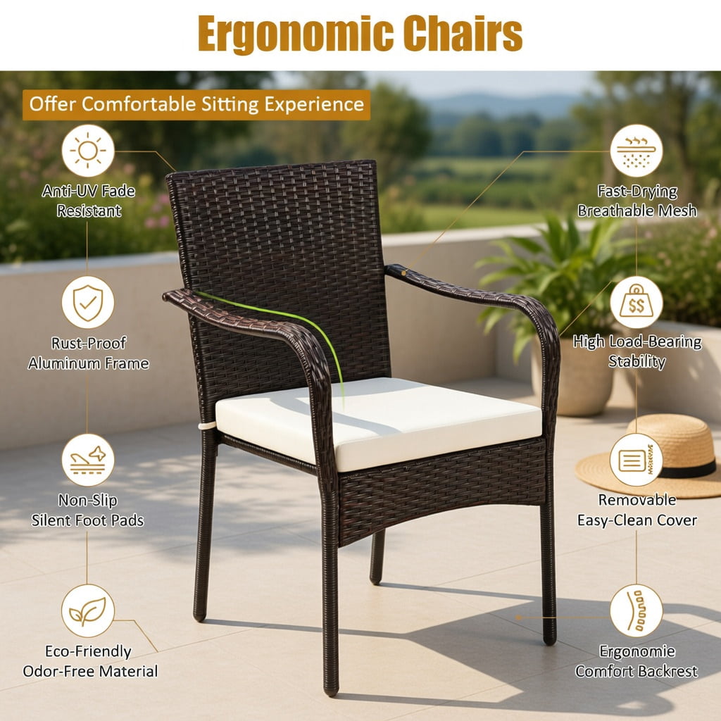 Hommoo 4-Piece Stackable Outdoor Rattan Dining Chairs with Removable Cushions, Weather-Resistant PE Wicker & Steel Frame for Patio, Garden, Poolside, Brown