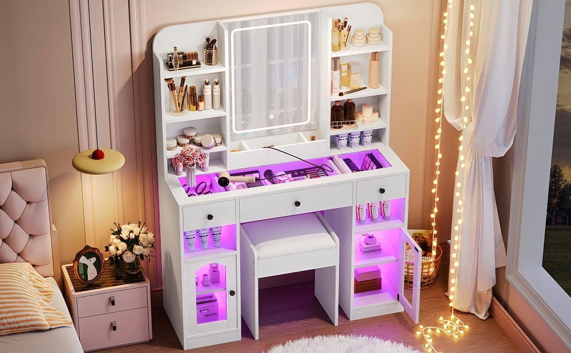 Mintazer 43.2" Vanity Desk Set with LED Mirror & RGB Glass Light Cabinets and Charging Station & 3 Drawers, Makeup Vanity Table Set with Storage Shelves & Stool for Bedroom, White