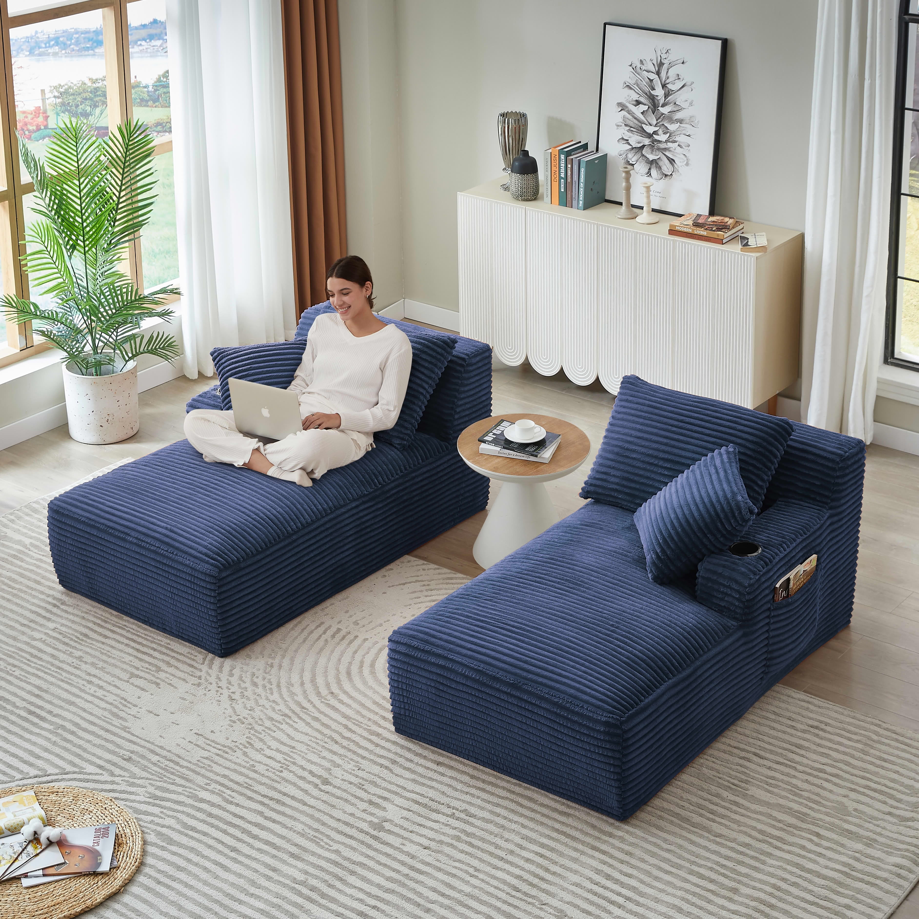MAYEERTY Corduroy Double Chaise Lounge Sleeper with Cupholders, Spring Padding for Living Room Bedroom, Blue