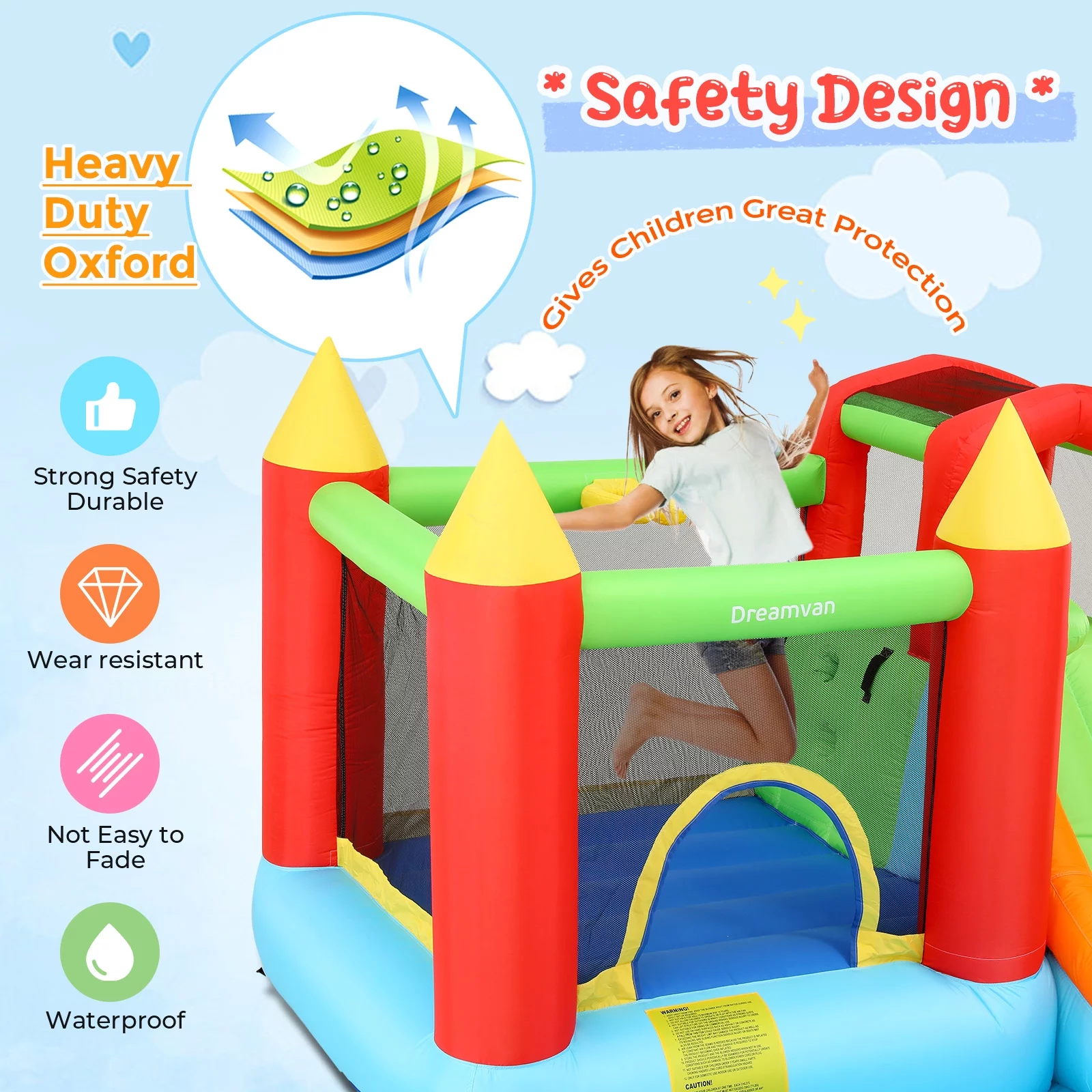 Veeboto Inflatable Bounce House with 370W Blower, Large Bouncy Castle with Slide & Bouncing Area, Climbing Wall, Jumping House for 3-10 Years Kids