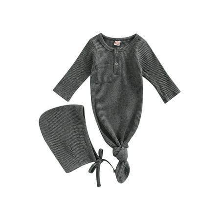 

xkwyshop Baby Girl Boy Coming Home Knotted Gown Unisex Newborn Infant Sleep Onesie Outfit Cute Baby Fall Winter Pajamas Dark Grey