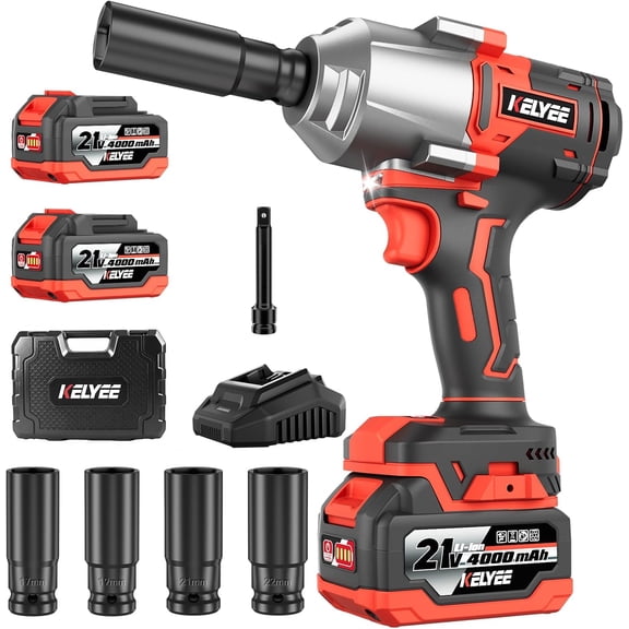 KELYEE 21V 1/2 Inch Cordless Impact Wrench 996Ft-lbs 1350N路m Brushless High Torque Electric Impact Gun Kit 2 x 4.0Ah Batteries Fast Charger Impact Wrench Llave de Impacto Pistola de Impacto
