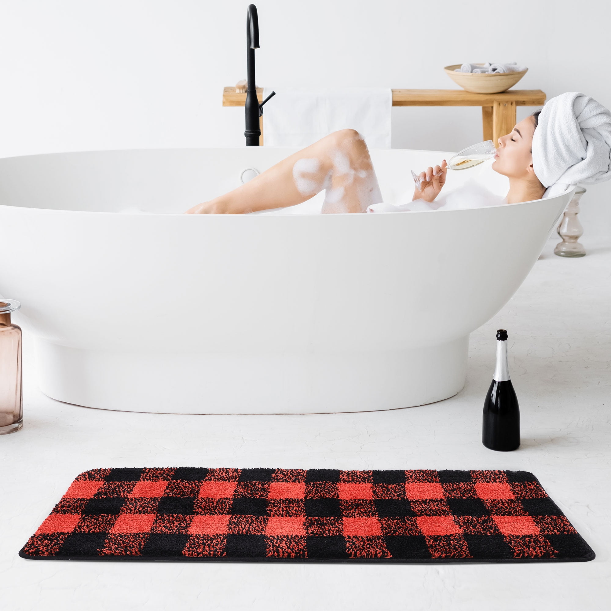 Unique Bargains Soft Microfiber Plaid Bathroom Rugs Black & Red 17"x47"