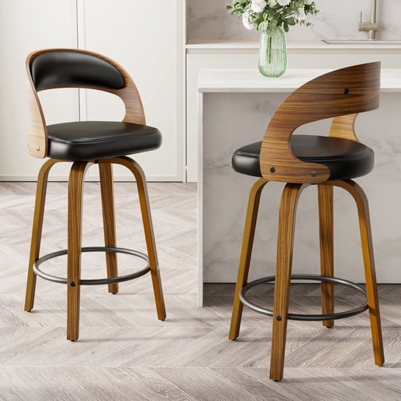 SUNCOZE Bar Stools Set of 2, 26 Inch Counter Height Modern Swivel Bar Chairs with PU Leather Upholstery and Solid Wood Legs, for Kitchen Island or Home Bar, Black
