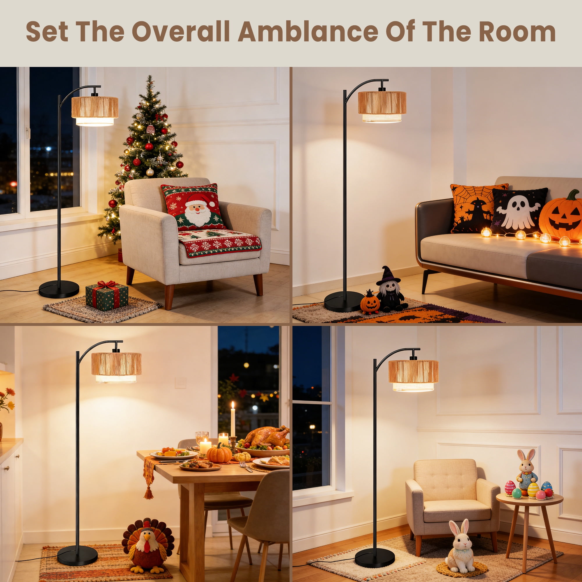 DAYBETTER Floor Lamp for Living Room, Arc Floor Lamps with 3 Color Temperatures, Farmhouse Unique Hanging Douoble Drum Lampshade, for Bedroom, Living Room