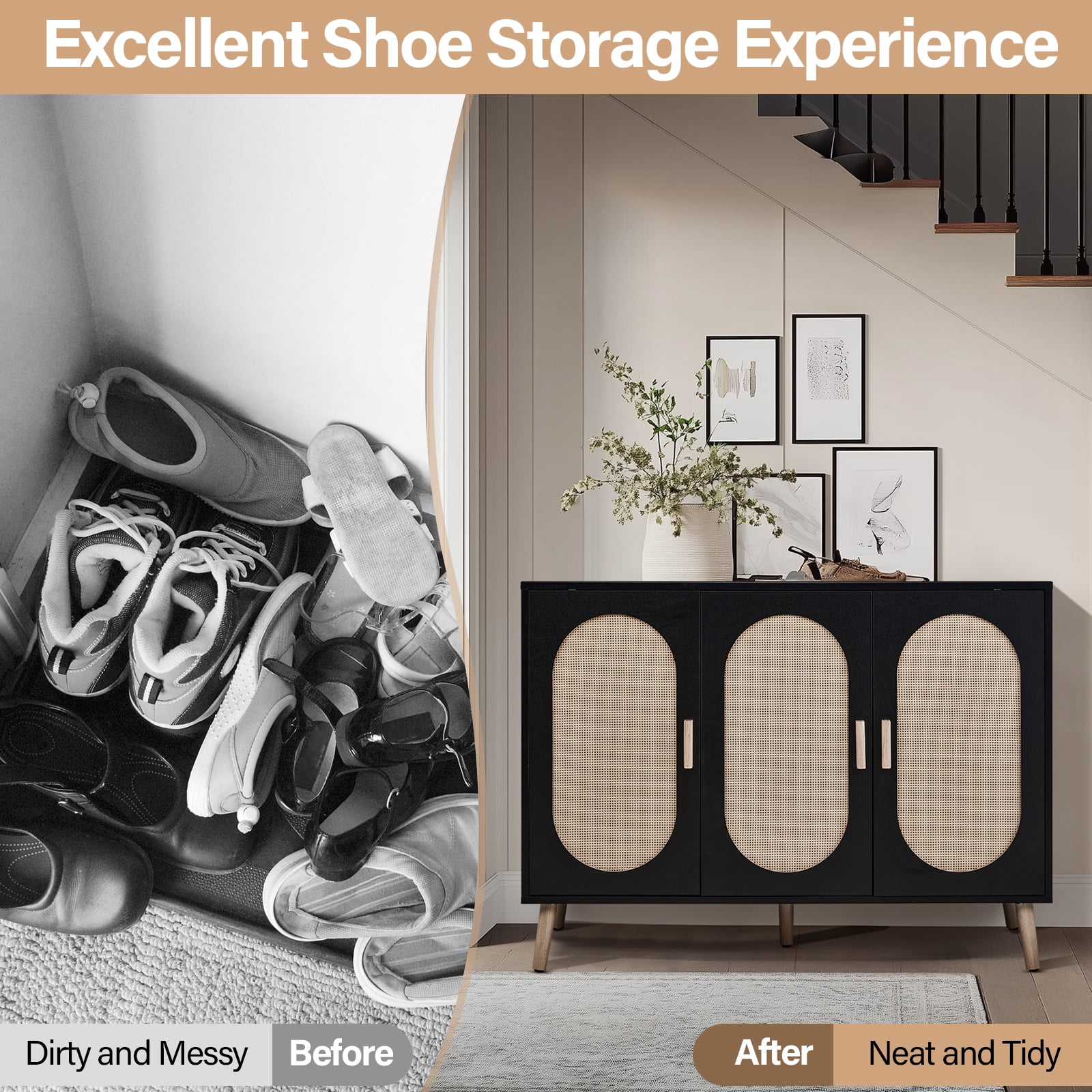 3-Door Rattan Shoe Cabinet, Black Frame Golden High-Leg Entrance Storage Cabinet with Adjustable Partitions, Oval Rattan Surface, Ample Storage for Shoes, Keys & Letters, Home Decor for Entryway