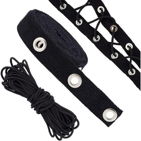 3 Yard 3/4 inch Wide Black Cotton Grommet Eyelet Twill Tape Trim with 10Yards 1/8" Round Polyester Ribbons for Sewing Crafts Making
