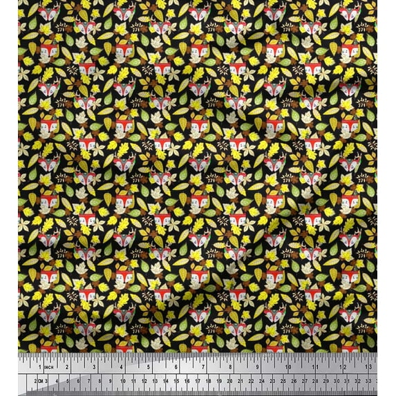 Soimoi Satin Silk Fabric Leaves,Feather & Fox Face Cartoon Printed Craft Fabric by The Yard 42 Inch Wide