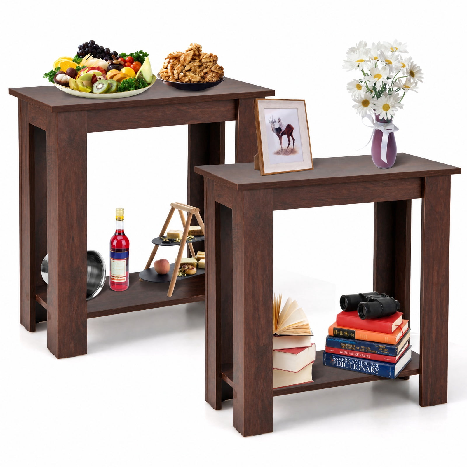 Furnibear 2 Tier Compact End Table with Storage Shelf and Non Slip Legs for Small Living Room Bedroom and Sofa Side, Brown