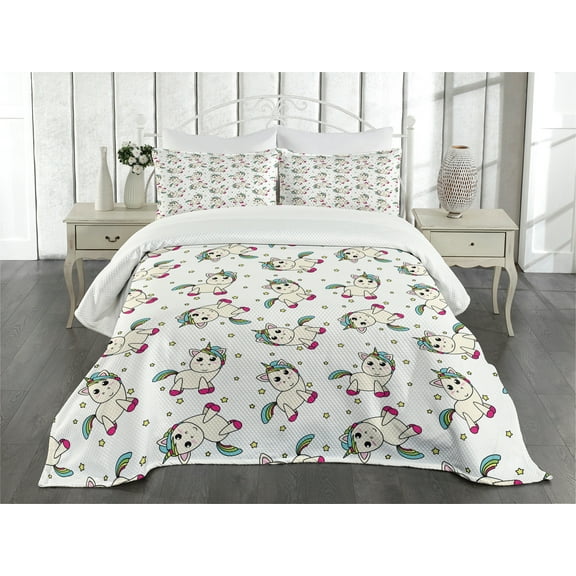 Ambesonne Unicorn Quilted Bedspread Set 3 Pcs, Colorful Mythical Horse, King Size, Multicolor