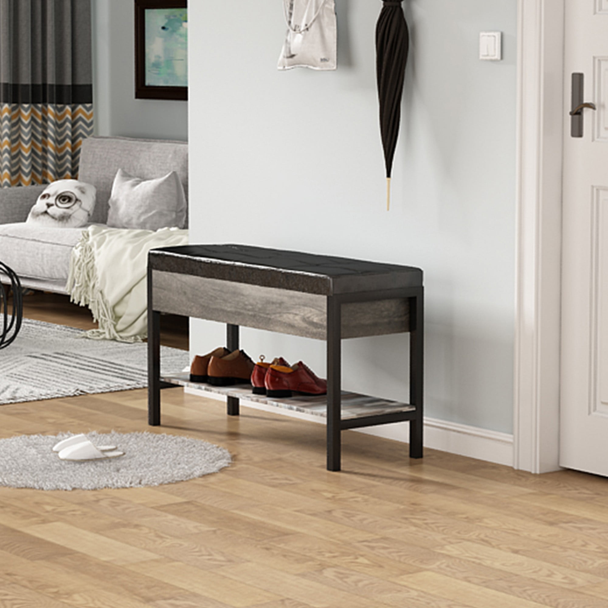 Finihen Storage Bench, Entryway Shoe Bench with Flip-Open Storage Box, End of Bed Ottoman Bench with Storage Shelf and Padded Seat for Bedroom, Hallway, Black