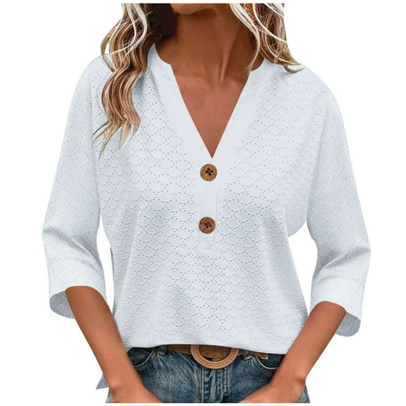 UYISJ Womens Three Quarter Length Sleeve Tops Eyelet Elegant V Neck Button T-Shirts Comfort Casual Loose Blouses Tees White L
