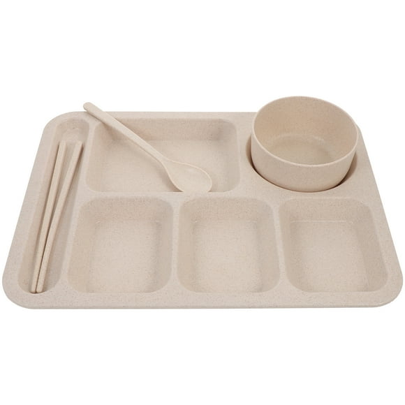 1 Set Creative Wheat Straw Bowl Exquisite Dinner Tray Drop-Proof Rice Dishes Separate Plates Cutlery Set (Beige)
